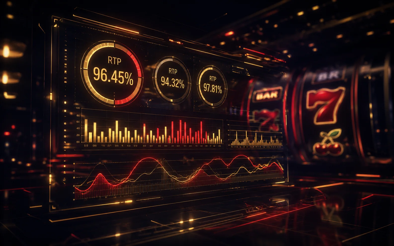 Panel de análisis de RTP y volatilidad de tragamonedas de Fraga Casino con gráficos, tabla y símbolos de slot en dorado y rojo