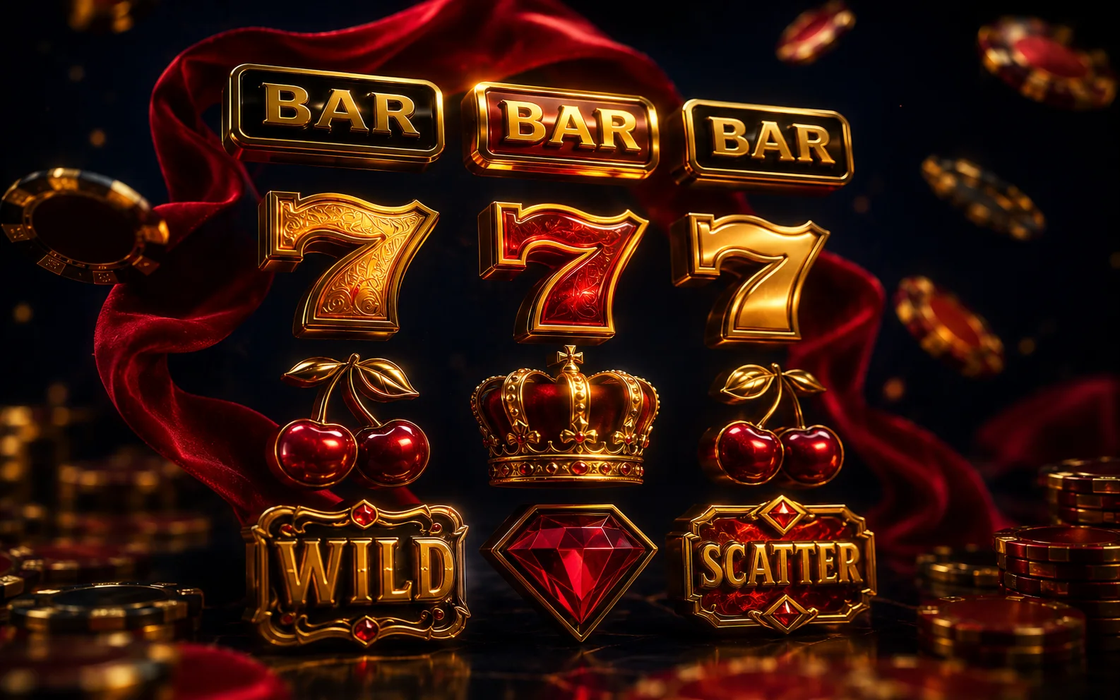 Símbolos dorados de tragamonedas BAR, sietes rojos, cerezas, corona y wild scatter sobre terciopelo rojo y fichas de casino