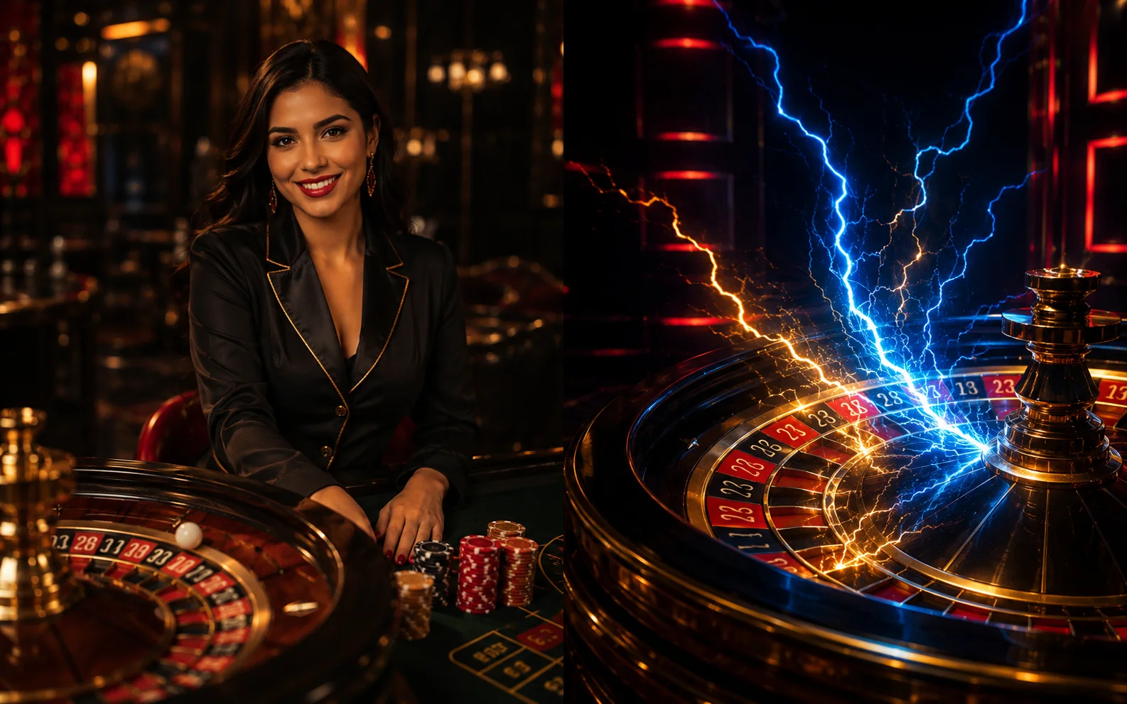 Croupier chilena en mesa de ruleta en vivo Fraga Casino y variante Lightning Roulette con rayos eléctricos multiplicadores